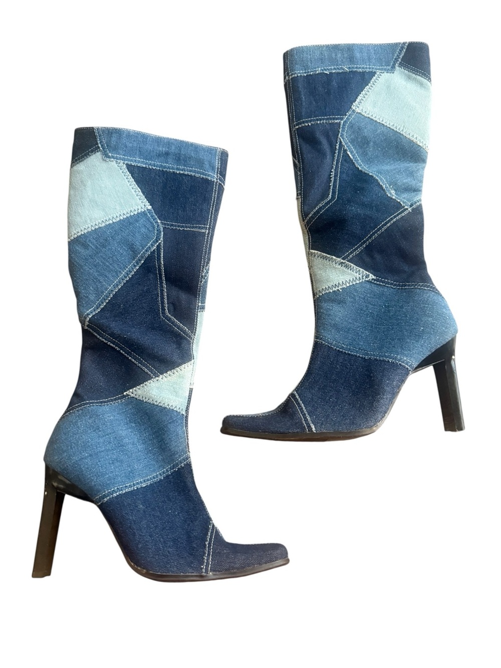 Y2K Denim Patchwork Statement Boots Size 7 Bratz Retro Pop Star Boho Maximalist
